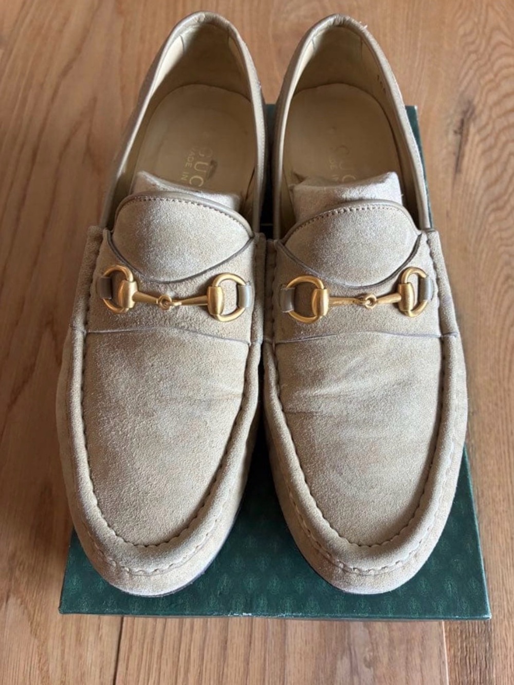 Gucci Beige Women's Suede Loafers with Gold Horsebit